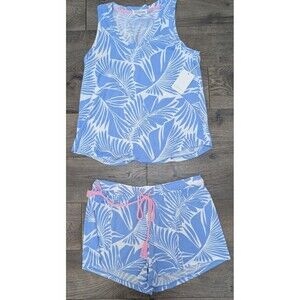 P.J. Salvage Lounge Pajama Set Palm Leaf Print Tank & Shorts Blue White Sz S